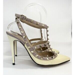 Valentino Garavani Rockstud Ankle Strap Pump White w/ Gold Studs Sz EU 36.5